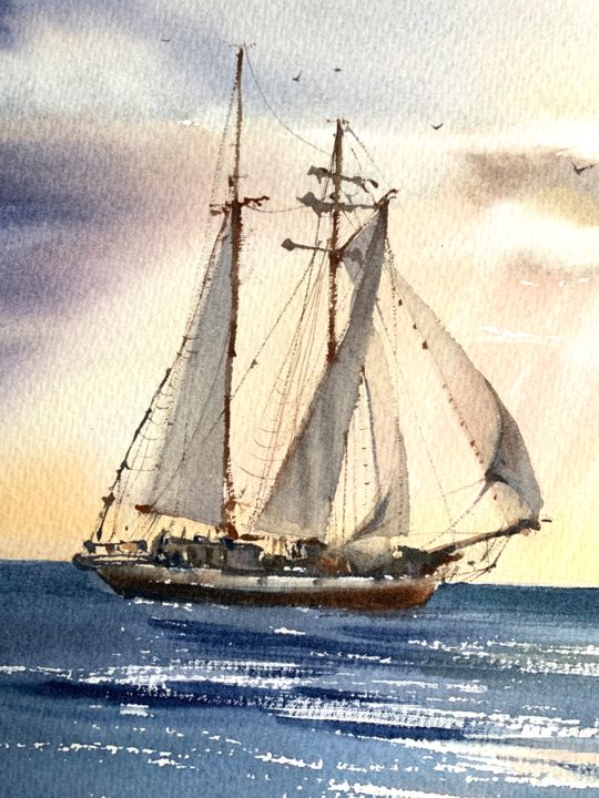 Ship and sun rays #2 Painting Watercolor Original art sail yacht sea wave seascape wall art  artwork sunbeams