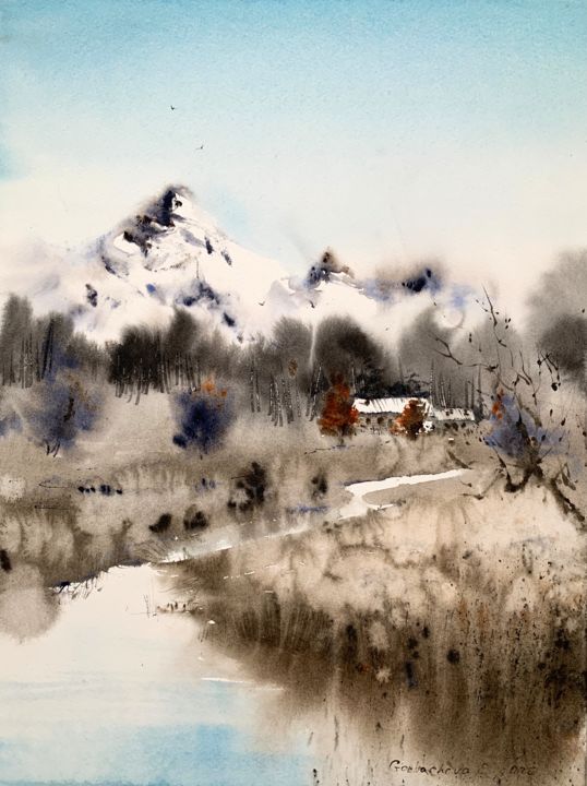 Painting titled "Mountainscape #5" by Eugenia Gorbacheva, Original Artwork, Watercolor