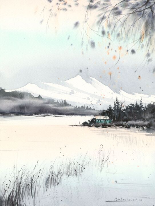 Peinture intitulée "Mountain Lake #14" par Eugenia Gorbacheva, Œuvre d'art originale, Aquarelle