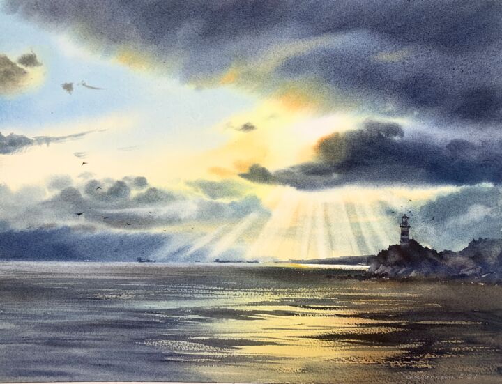 Peinture intitulée "Lighthouse in the s…" par Eugenia Gorbacheva, Œuvre d'art originale, Aquarelle