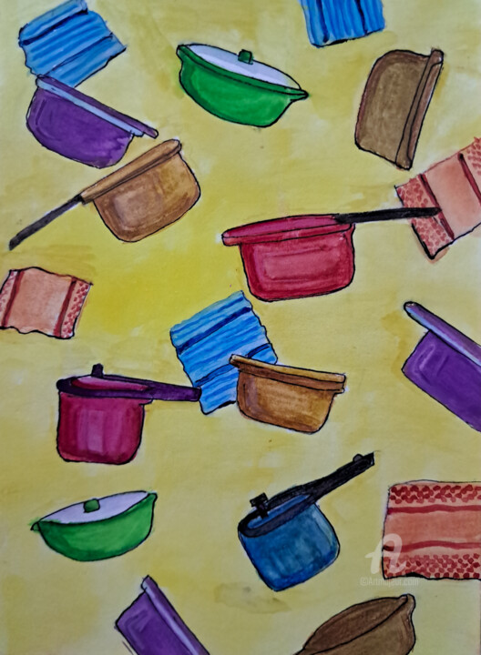 Painting titled "Flying pots and pans" by Homely Art, Original Artwork, Gouache