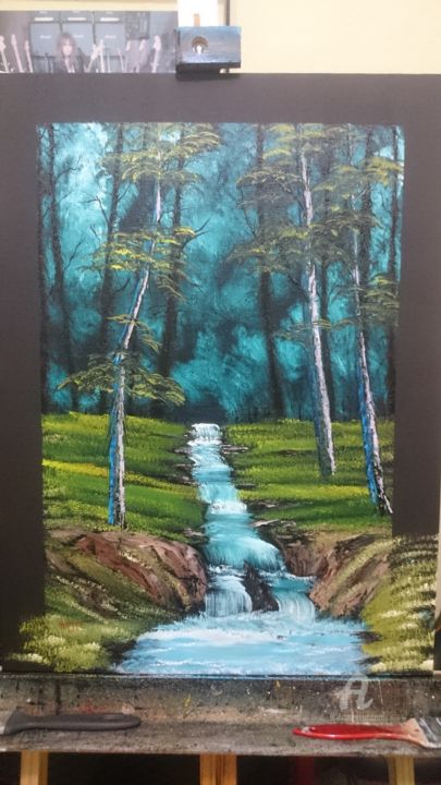 Painting titled "Evening Waterfall" by Homero Bittencourt, Original Artwork