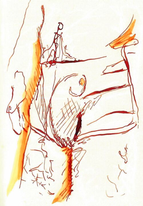 Drawing titled "Red Shorts C" by Omeros, Original Artwork, Ink