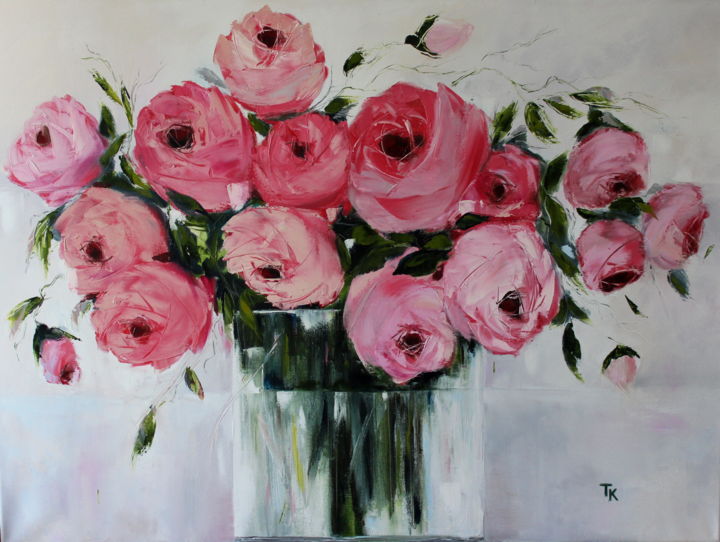 Painting titled "Roses in glass" by Tania Kalinnik, Original Artwork, Oil