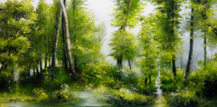 Pintura titulada ""Printemps en Forêt…" por Hongie, Obra de arte original, Acrílico Montado en Bastidor de camilla de madera