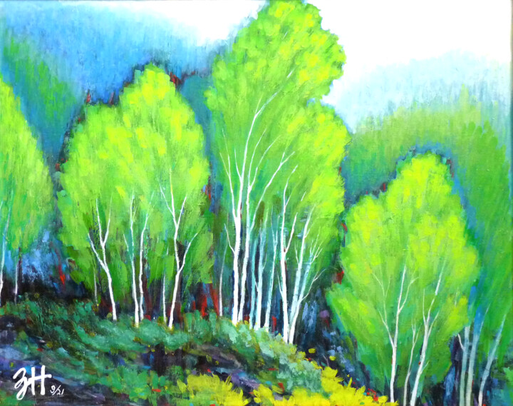 Painting titled "Springtime" by Hongneher Zhao, Original Artwork, Acrylic Mounted on Wood Stretcher frame