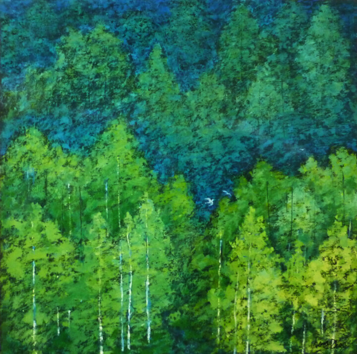 Painting titled "Spring Forest" by Hongneher Zhao, Original Artwork, Acrylic