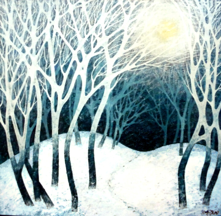 Painting titled "Snow Woods" by Hongneher Zhao, Original Artwork, Acrylic
