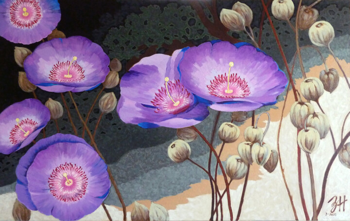 Painting titled "Flowers-7" by Hongneher Zhao, Original Artwork, Acrylic Mounted on Wood Stretcher frame