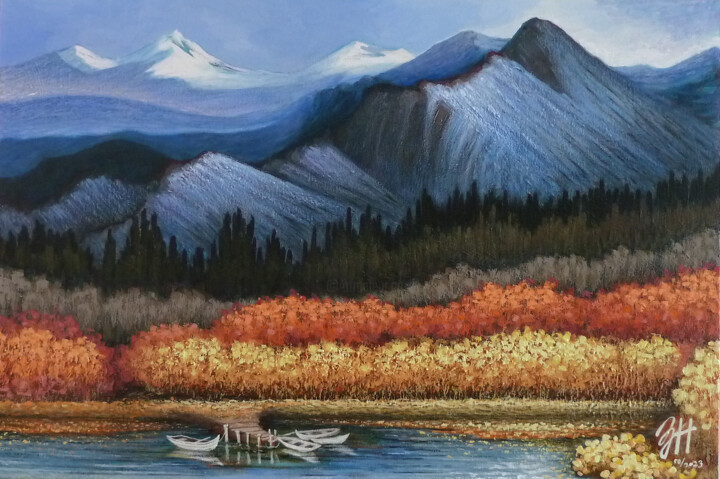 Painting titled "Autumn Lakeside" by Hongneher Zhao, Original Artwork, Acrylic Mounted on Wood Stretcher frame