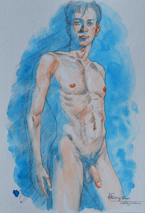 Painting titled "WATERCOLOR  MALE NU…" by Hongtao Huang, Original Artwork, Watercolor