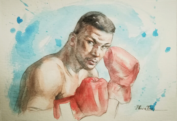 Painting titled "Watercolor-Boxing c…" by Hongtao Huang, Original Artwork, Watercolor