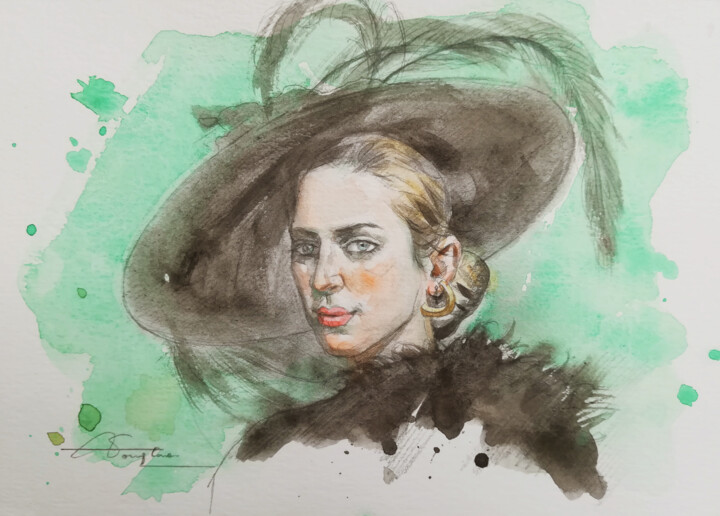 Painting titled "Portrait of Lady #1…" by Hongtao Huang, Original Artwork, Watercolor