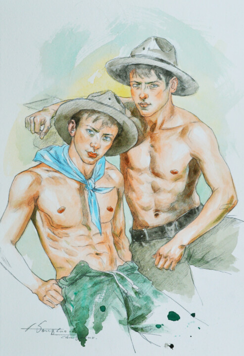 Pintura titulada "Cowboys" por Hongtao Huang, Obra de arte original, Acuarela