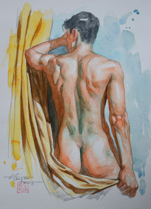 Painting titled "Back of male nude" by Hongtao Huang, Original Artwork, Watercolor