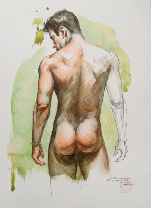 Painting titled "Back of male man#20…" by Hongtao Huang, Original Artwork, Watercolor
