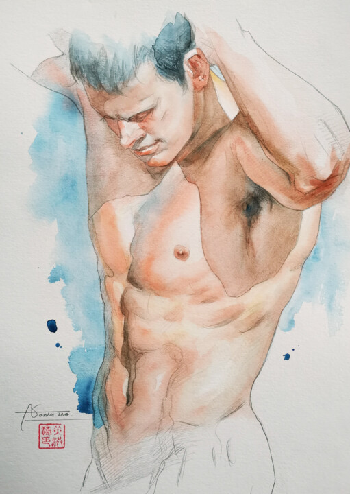 Peinture intitulée "Male nude #20316" par Hongtao Huang, Œuvre d'art originale, Aquarelle