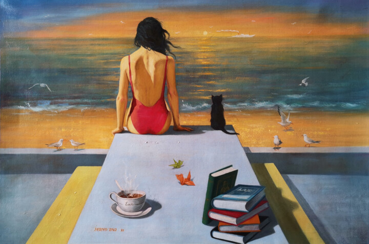 Painting titled "Watch the sunrise w…" by Hongtao Huang, Original Artwork, Oil