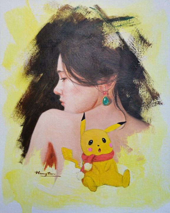 「Oil painting Pikach…」というタイトルの絵画 Hongtao Huangによって, オリジナルのアートワーク, オイル