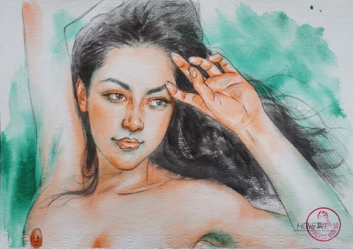 Painting titled "Female nude#23046" by Hongtao Huang, Original Artwork, Watercolor