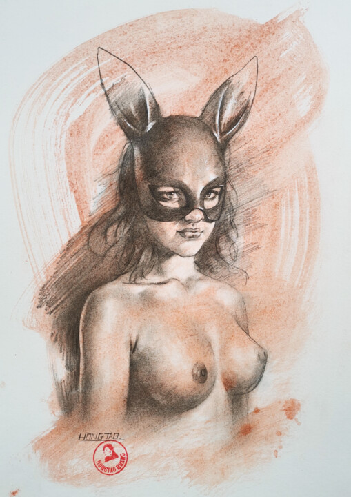 Dessin intitulée "Rabbit mask" par Hongtao Huang, Œuvre d'art originale, Fusain