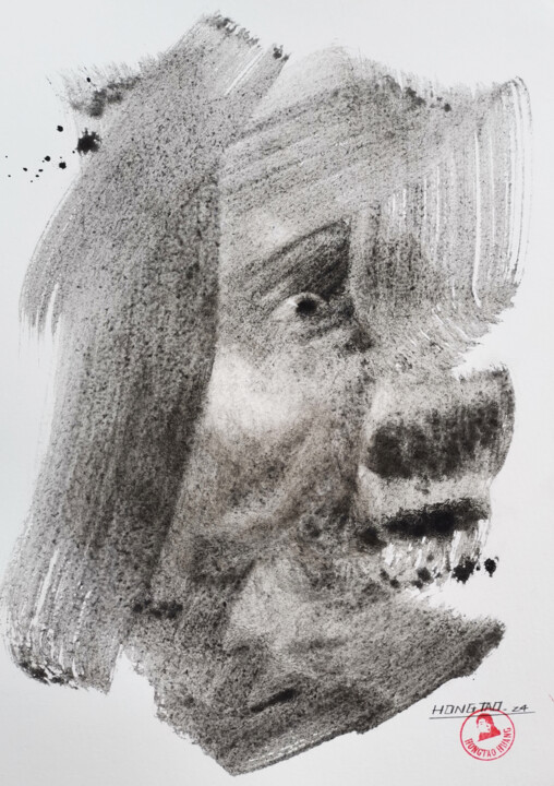 Drawing titled "A frightened man" by Hongtao Huang, Original Artwork, Charcoal