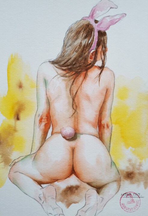 Painting titled "The Bunny Girl" by Hongtao Huang, Original Artwork, Watercolor