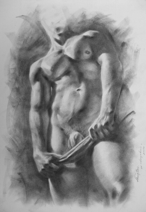 Drawing titled "DRAWING  MALE NUDE#…" by Hongtao Huang, Original Artwork, Charcoal