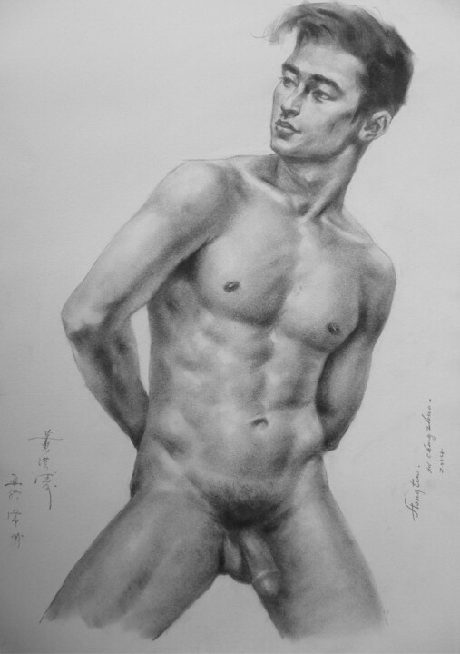 Drawing titled "DRAWING  MALE NUDE#…" by Hongtao Huang, Original Artwork, Charcoal