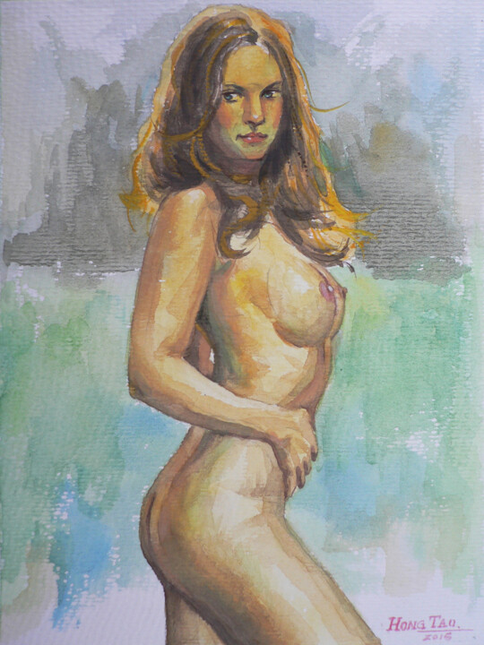 Schilderij getiteld "WATERCOLOR FEMALE N…" door Hongtao Huang, Origineel Kunstwerk, Aquarel