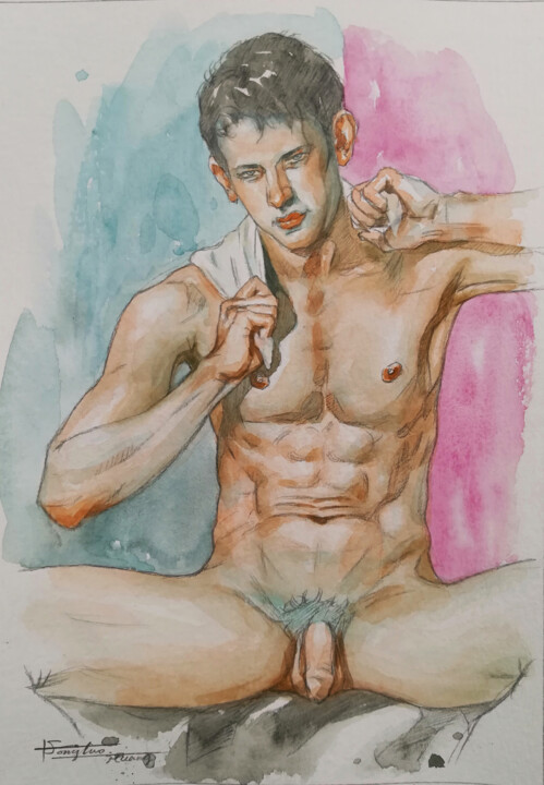 Ζωγραφική με τίτλο "WATERCOLOR - Bather…" από Hongtao Huang, Αυθεντικά έργα τέχνης, Ακουαρέλα