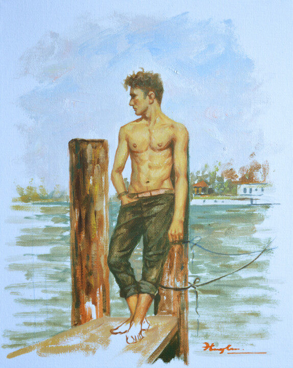 Painting titled "Oil painting man se…" by Hongtao Huang, Original Artwork, Oil