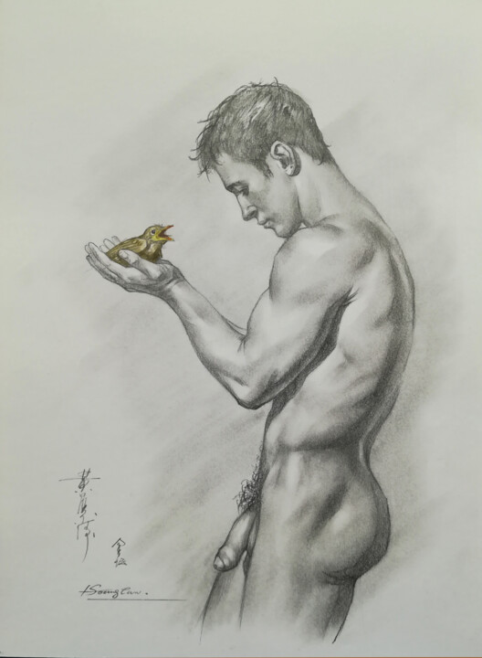 Desenho intitulada "original male nudea…" por Hongtao Huang, Obras de arte originais, Carvão