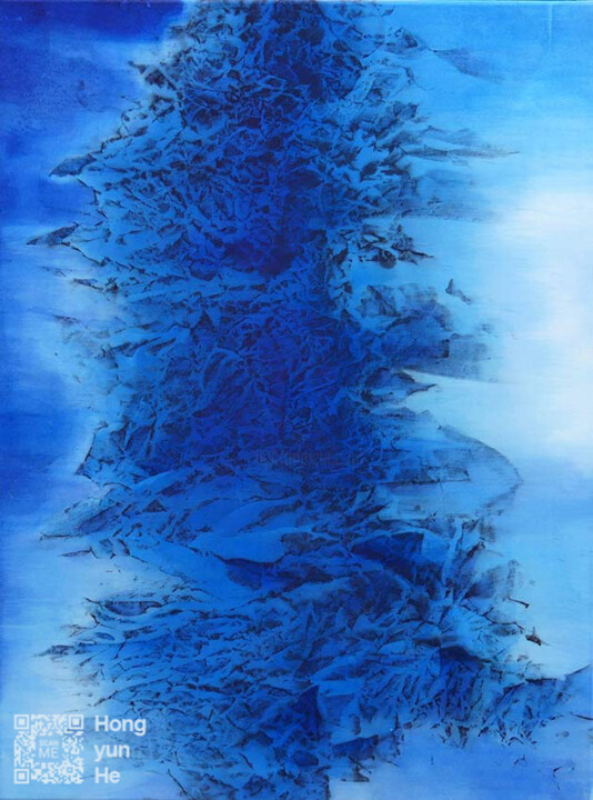 Painting titled "Blue Wind" by Hongyun He, Original Artwork, Ink Mounted on Wood Panel