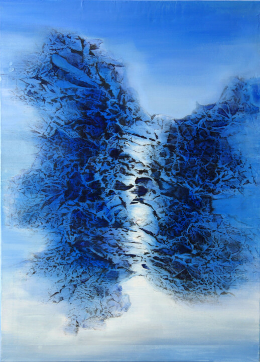 Painting titled "Blue Float" by Hongyun He, Original Artwork, Ink Mounted on Wood Panel