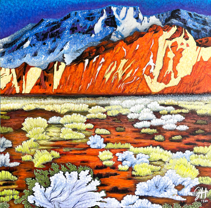 Schilderij getiteld "Desert Mountain" door Hongz Neher, Origineel Kunstwerk, Acryl Gemonteerd op Frame voor houten brancard
