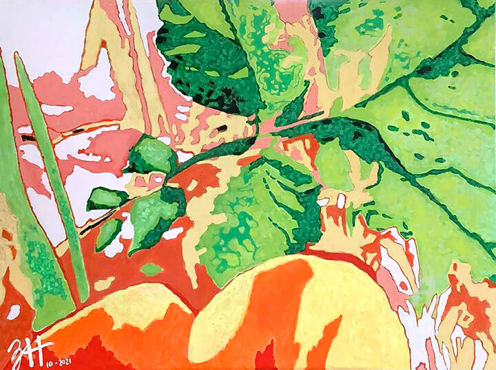 Malarstwo zatytułowany „Green Leaves” autorstwa Hongz Neher, Oryginalna praca, Akryl Zamontowany na Drewniana rama noszy