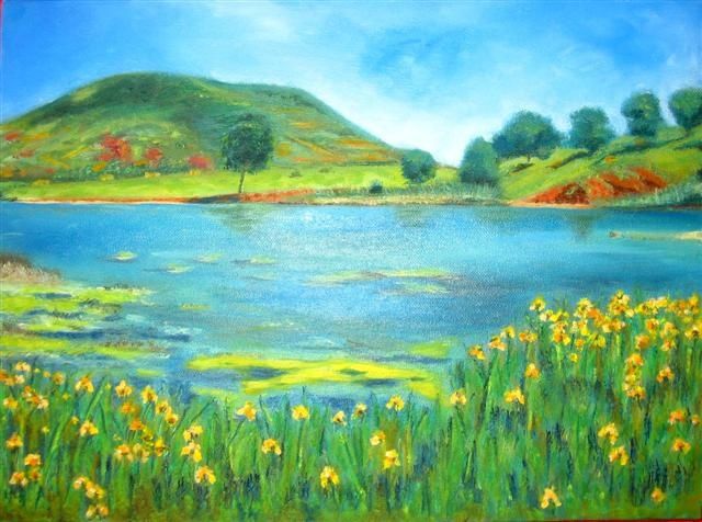 Peinture intitulée "le lac de Salagou" par Queau, Œuvre d'art originale