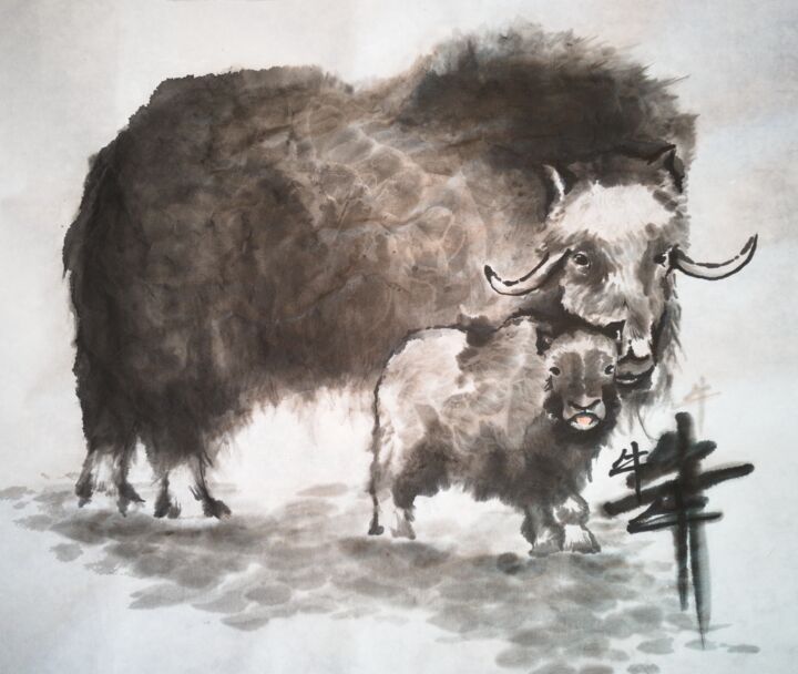 Schilderij getiteld "Mother and Baby Oxen" door Hontat, Origineel Kunstwerk, Inkt