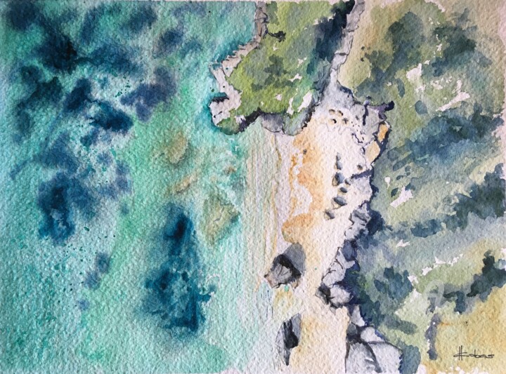 Картина под названием "Aerial Seashore II" - Horacio Cobas, Подлинное произведение искусства, Акварель