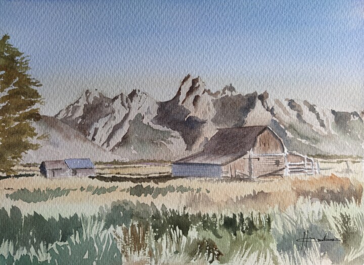 Painting titled "Big Barn" by Horacio Cobas, Original Artwork, Watercolor
