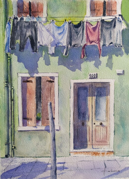 Painting titled "Green House" by Horacio Cobas, Original Artwork, Watercolor