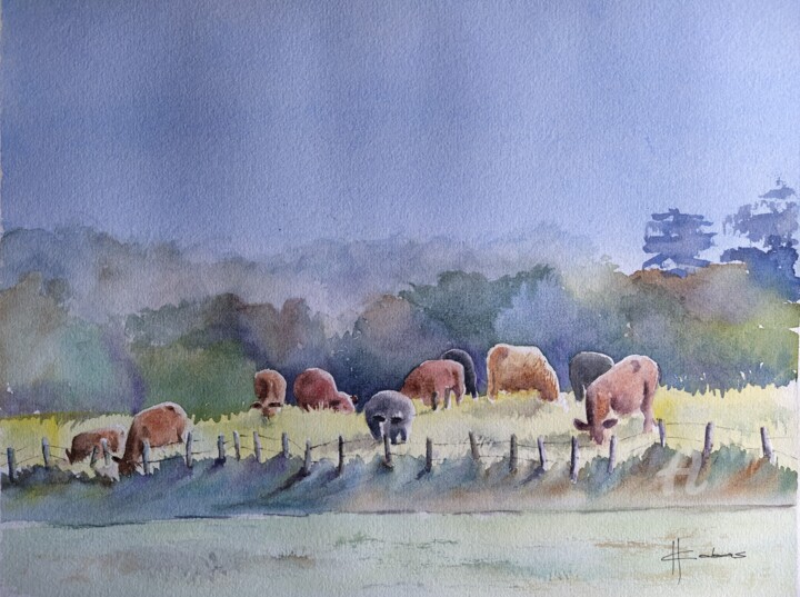 Painting titled "Cattle Gridlock" by Horacio Cobas, Original Artwork, Watercolor