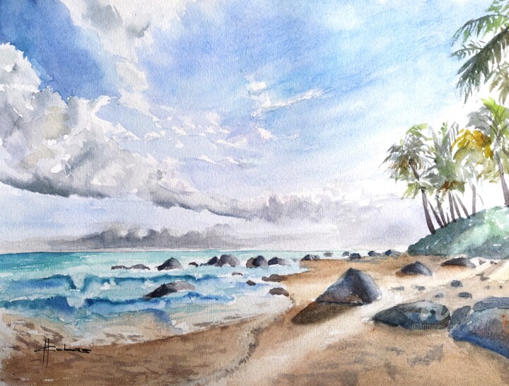 Malerei mit dem Titel "Caribbean Beach" von Horacio Cobas, Original-Kunstwerk, Aquarell