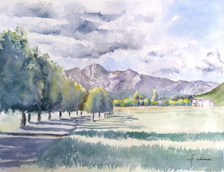 Pintura intitulada "Field and Mountains" por Horacio Cobas, Obras de arte originais, Aquarela