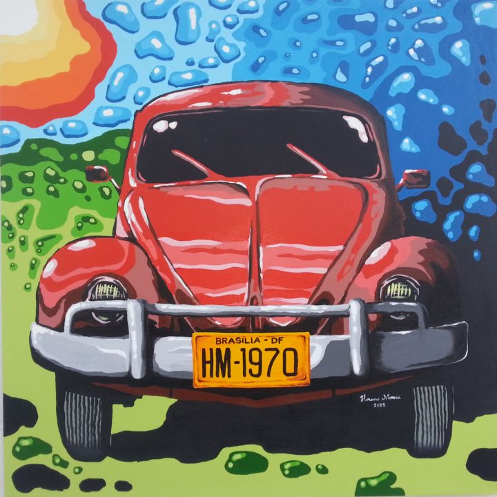 Painting titled "fusca-vermelho-130-…" by Horacio Moura, Original Artwork, Acrylic