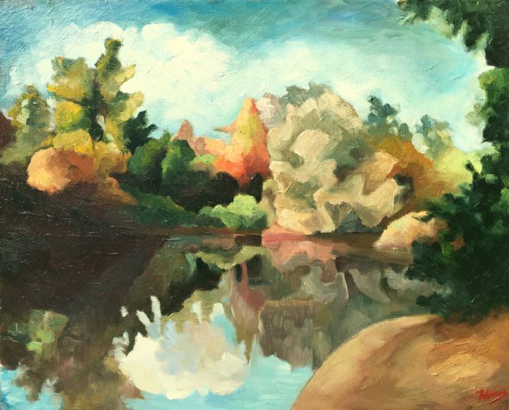 Peinture intitulée "Pond in autumn" par Horia Solomon, Œuvre d'art originale, Huile