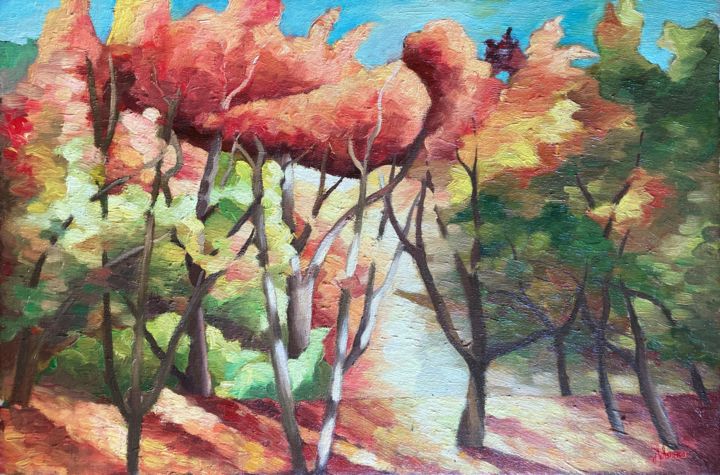 Painting titled "Autumn trees" by Horia Solomon, Original Artwork, Oil