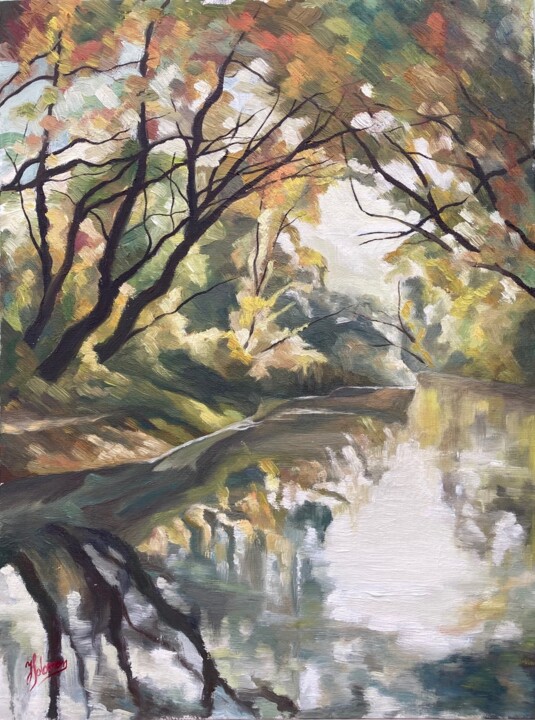 Schilderij getiteld "Riverside in autumn" door Horia Solomon, Origineel Kunstwerk, Olie