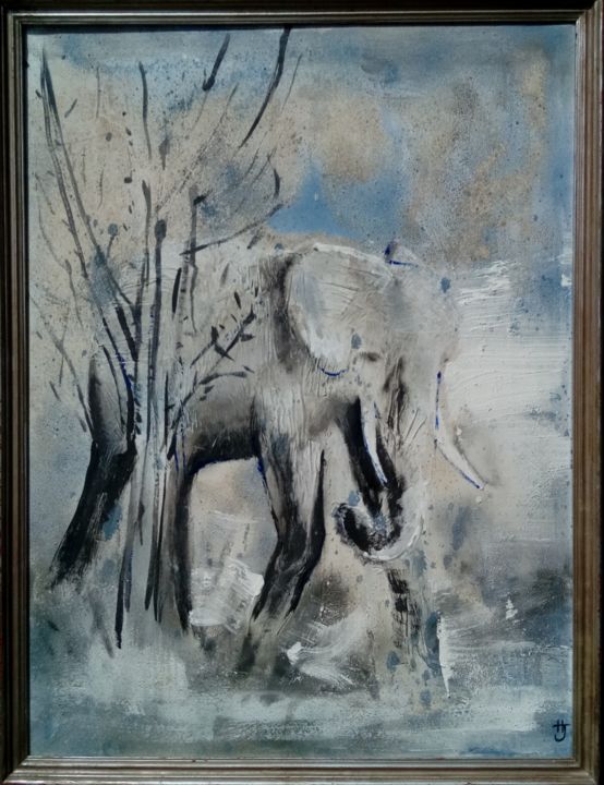 Painting titled "Éléphant 1" by Hélène Jeannin, Original Artwork, Acrylic